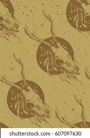 Seamless texture with deer skull. Boho style. Skull of elk with horns. Nice stylish wallpaper for your project. Dark, gothic, vintage, old.