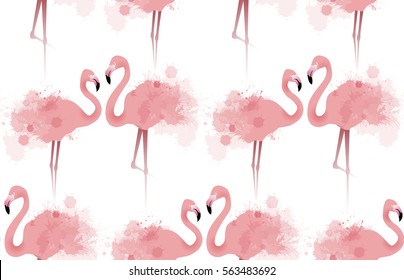 Seamless texture with delicate pink flamingos with watercolor splashes. Vector background fabric, wallpaper, background for your site and your creativity