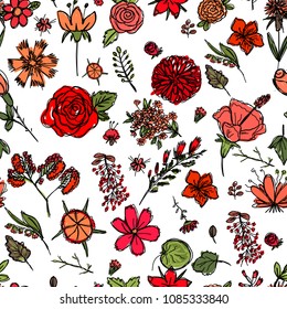 seamless texture depicting children's drawings of red flowers painted quickly by hand, sketch vector graphics colored drawing