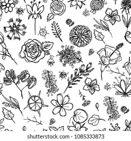 seamless texture depicting children's drawings of flowers drawn quickly by hand, sketch vector graphics monochrome drawing