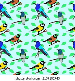 Textura sin foco de diferentes aves. Plantilla de fondo vectorial de aves y hojas