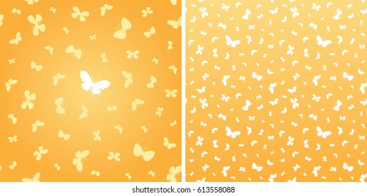Seamless texture. Different butterflies on orange background. Original and small size.  Illustration. Vector.