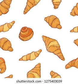 Seamless texture of different croissants for your design.For your design, restaurant and cafe menu, decoration.