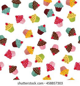Seamless texture with different cupcakes on white background.