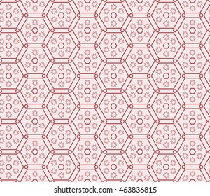 Seamless texture of different floral elements, triangles and other geometric shapes. Vector illustration. For the design, printing, wallpaper. Rose color