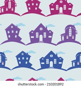 Seamless texture  different houses on blue background. Silhouette of home