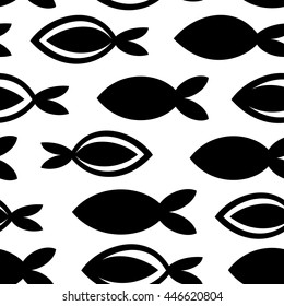 Seamless texture with different shaped fishes. Endless black and white vector pattern. Template for design textile, backgrounds, packages, wrapping paper