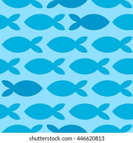 Seamless texture with different shaped fishes. Endless blue vector pattern. Template for design textile, backgrounds, packages, wrapping paper