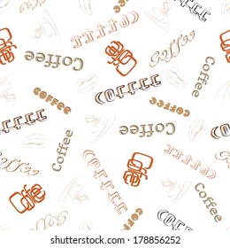 Seamless texture of different words coffee, coffee beans and cup
