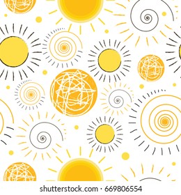 Seamless texture with different yellow vector suns on white background. Summer decorative elements
