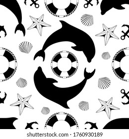 Textura sin foco con delfines. Imagen vectorial en blanco y negro sobre fondo blanco.