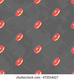 Seamless texture with donuts on a gray background. Doughnuts with red glaze. Repeated pattern. 
