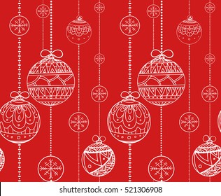 Seamless Texture With Doodle Balls Garlands Decorated Boho Pattern. Vector Christmas Background