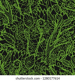 Seamless texture with doodle leaves, branches and plant elements. Repeating pattern. Can be used as wallpaper, desktop, wrapping, fabric or background for your blog, covers, cards.
