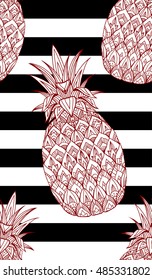 Seamless texture with doodle pineapple decorated boho pattern on striped background. Vector background for your creativity