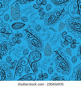 Seamless texture with doodles, hand drawn pattern, ornate background black and white on blue background