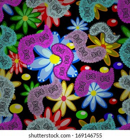 seamless texture of doodles on a black background