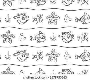 Seamless texture with draw fishes. Prints for textiles with sea inhabitants. Printing on fabric. Illustration for wallpaper for children.