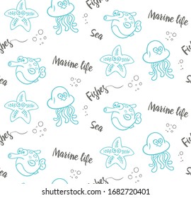 Seamless texture with draw fishes. Prints for textiles with sea inhabitants. Printing on fabric. Illustration for wallpaper for children.