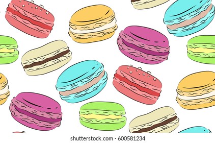Seamless texture with a drawing of multicolored macaroons. Vector pattern for wrappers, fabrics, wallpaper and your creativity