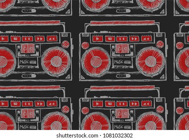 Seamless texture with drawn by hand boombox. Repeating background. Tile pattern. Ornament with old school Record player. 