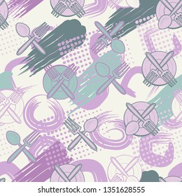 Seamless texture. Drawn kitchen utensils on abstract background. Editable.
