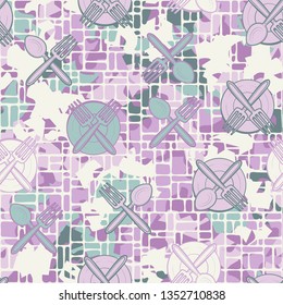Seamless texture. Drawn kitchen utensils on abstract background. Editable.