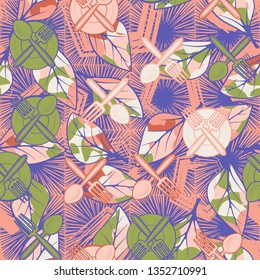 Seamless texture. Drawn kitchen utensils on abstract background. Editable.