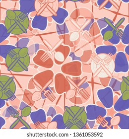 Seamless texture. Drawn kitchen utensils on abstract background. Editable.