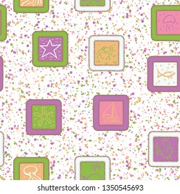 Seamless texture. Drawn sea objects in the framework on an abstract background.