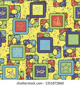 Seamless texture. Drawn sea objects in the framework on an abstract background.