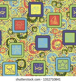 Seamless texture. Drawn sea objects in the framework on an abstract background.