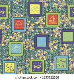 Seamless texture. Drawn sea objects in the framework on an abstract background.