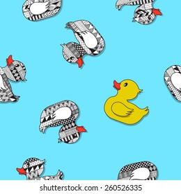 seamless texture with ducklings, bright patterns on a blue background