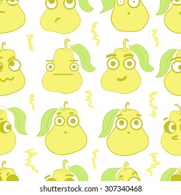 Seamless texture with emotional yellow big-eyed pears