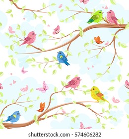 seamless texture with enamored pretty birds on trees