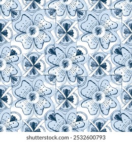 Seamless texture with endless floral pattern background.Simple Hand Sketching spring indigo blue theme tiles flower ornament, seamless texture. Perfect design for posters, cards, textile