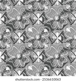 Seamless texture with endless floral pattern background.Simple Hand Sketching black and white tiles flower ornament, seamless texture. Perfect design for posters, cards, textile