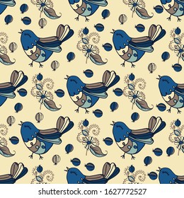 Seamless texture. Endless pattern of birds, flowers and leaves. Cute doodles. For children's wallpaper or fabric.