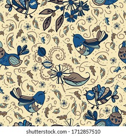 Seamless texture. Endless pattern of birds, flowers and leaves. Cute doodles. For children's wallpaper or fabric.