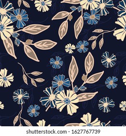 Seamless texture. Endless pattern of flowers and leaves. Cute doodles. For wallpaper or fabric.