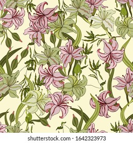 Seamless texture. Endless pattern of Lily flowers and leaves. Cute doodles. For wallpaper or fabric.