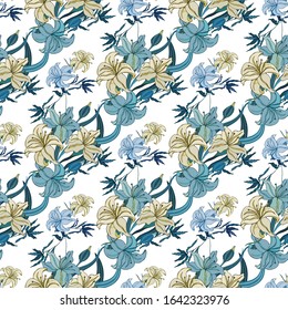 Seamless texture. Endless pattern of Lily flowers and leaves. Cute doodles. For wallpaper or fabric.