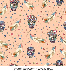 Seamless texture, endless pattern, tribal style colorful simplified ethnic skull template. Vector traditional folk bone ornament  for design. Boho chic.