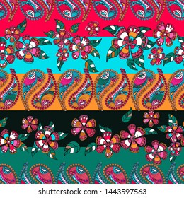 Seamless texture, endless pattern, tribal style ethnic elements paisley and flowers . Vector  traditional  ornament. Decorated with stripes