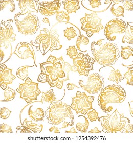 seamless texture with ethnic indian pattern with golden outline, hand drawing, isolated on white background, eps 10  vector