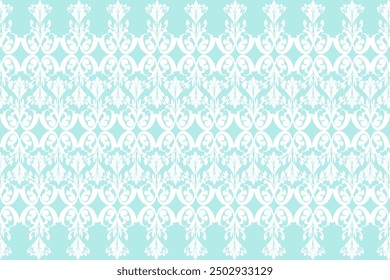 Seamless texture fabric pattern. European native damask pattern, white floral pattern on light blue background, illustration, vector, wallpaper.