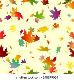 seamless texture with falling autumn leaves, bright colors on a light background, vector illustration