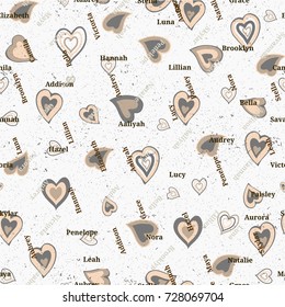 Seamless texture from famous woman's names. Valentines day. 