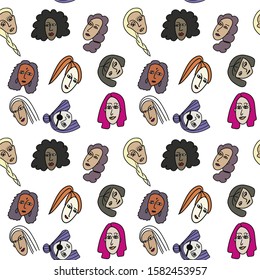 Seamless texture female faces of different nationalities and cultures. Modern, strong and independent female types of persons. Digital outline fashion illustration. Colored vector seamless faces suita
